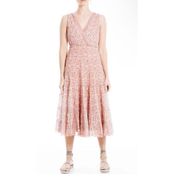 Max Studio Dress Women Med pink Floral Mesh Lines Sleeveless Tiered Cottagecore - Picture 1 of 9